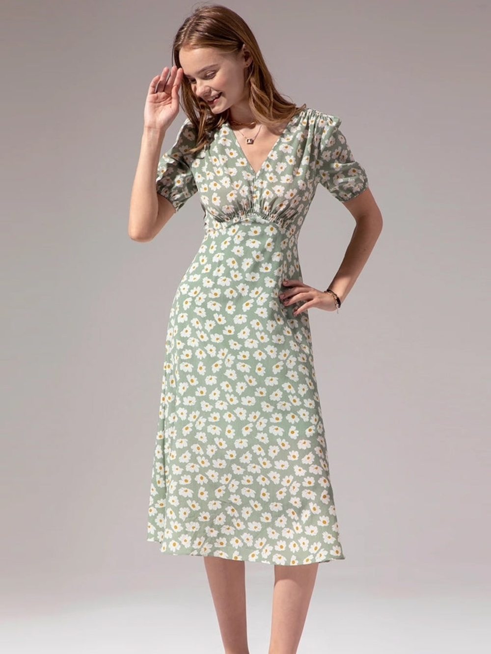 Sage Green Daisy Midi Dress with V-Neck and Puff Sleeves
